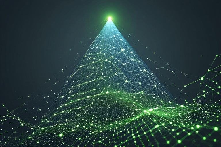 The image shows a simple, elegant 3D pyramid made of light