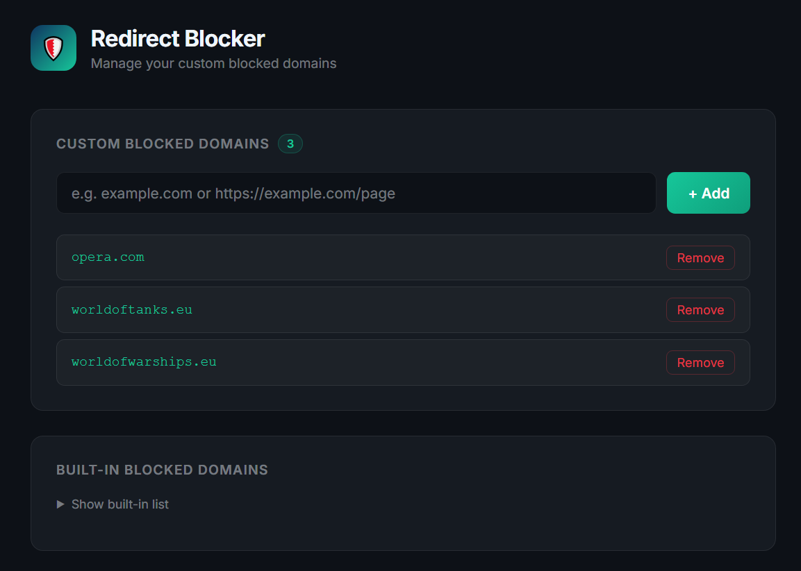 Redirect Blocker interfejs i statistika blokiranih preusmeravanja